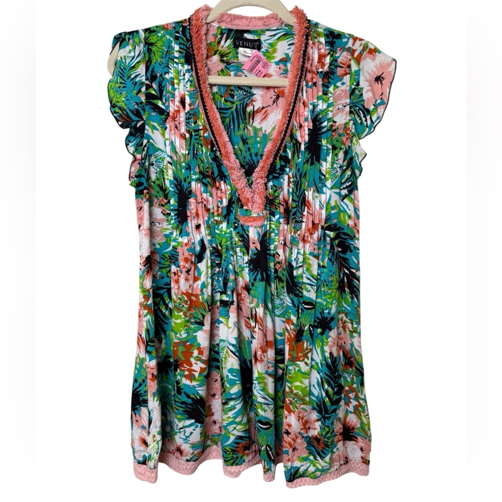 VENUS Tropical Floral Blouse - Green and Pink